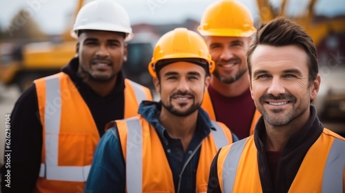 Group of male construction workers standing at a building site.