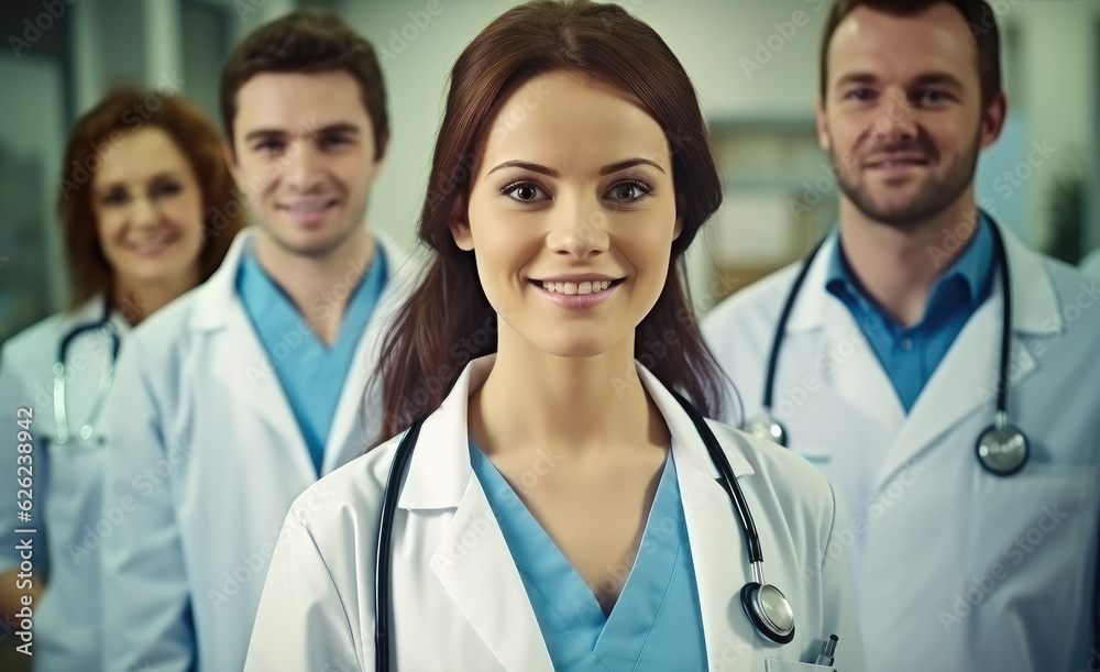 Portrait of a group of medical practitioners standing together in a hospital, Best practice from multiple disciplines. Portrait of a group of medical practitioners standing together in a hospital, Best practice from multiple disciplines.