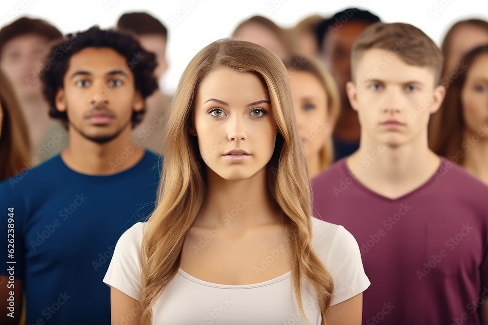 Frustrated young woman standing among multi ethnic group of people.