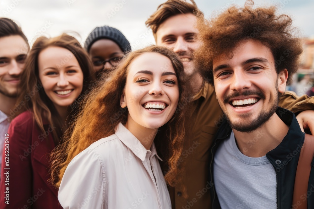 Diverse group of friends having fun smiling outdoor, Young people celebrate holiday vacations outside.