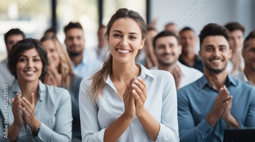 Team and employees clapping hands for success, Support, Achievement and diverse group of people applauding together in business meeting
