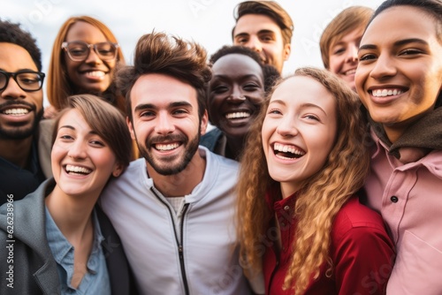 Diverse group of friends having fun smiling outdoor, Young people celebrate holiday vacations outside.