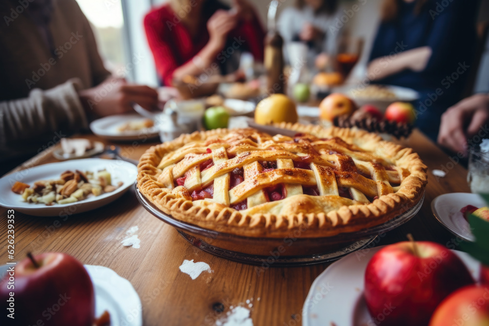Thanksgiving family dinner. Traditional apple pie and vegan meal close up, with blurred happy people around the table celebrating the holiday. Thanksgiving family dinner. Traditional apple pie and vegan meal close up, with blurred happy people around the table celebrating the holiday.
