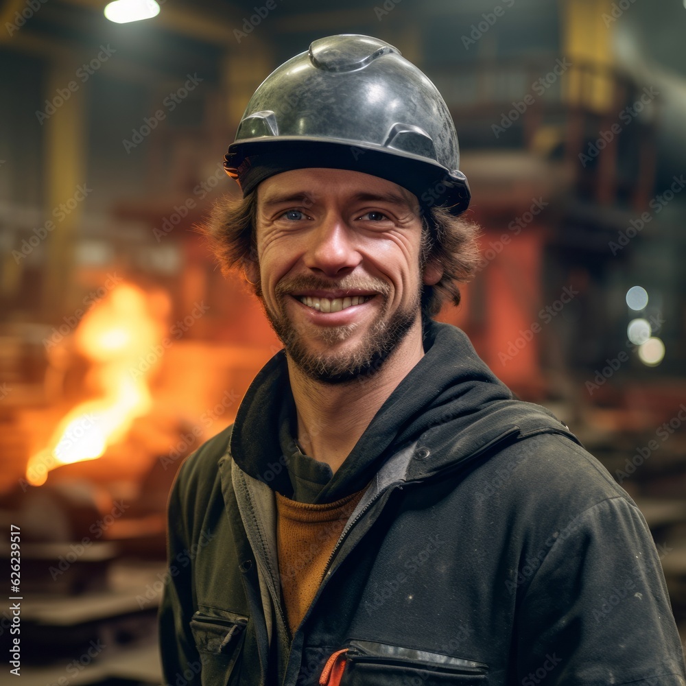 Portrait of a worker with a helmet in a metallurgical plant. Happy smiling young worker with a hard hat in a metallurgical plant. Man worker looking to the camera. Portrait of a worker with a helmet in a metallurgical plant. Happy smiling young worker with a hard hat in a metallurgical plant. Man worker looking to the camera.