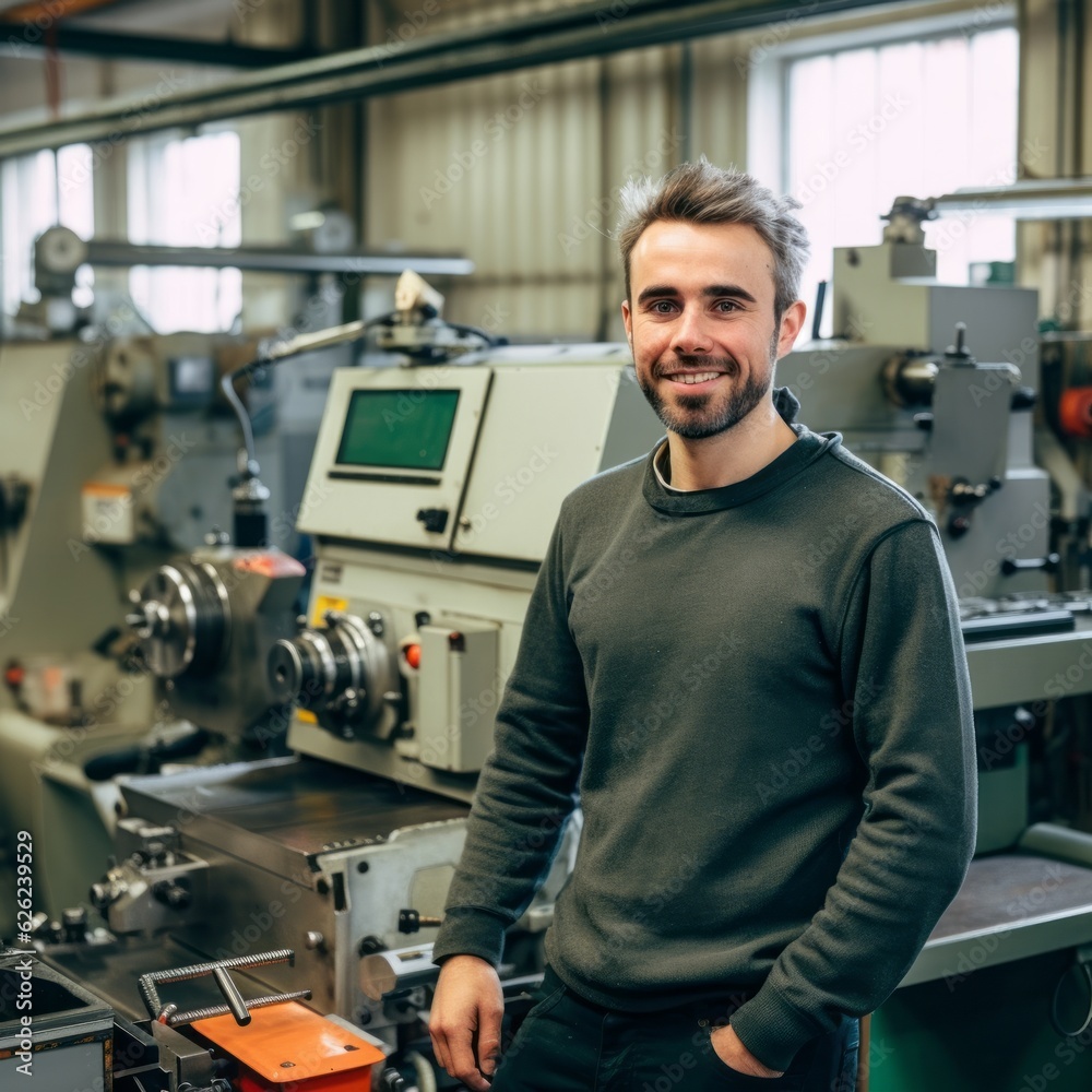 Portrait of a smiling factory worker standing in front of a lathe. Man worker in manufacturing looking to the camera. Industrial background. Portrait of happy young man worker standing in factory Portrait of a smiling factory worker standing in front of a lathe. Man worker in manufacturing looking to the camera. Industrial background. Portrait of happy young man worker standing in factory