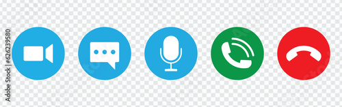 Video call icon set,  Video call icon set for conferencing and chat UI. Transparent buttons with modern design for video calls and instant messengers. Vector illustration.