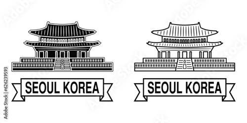 Symbols of Seoul Korea with famous Gyeongbokgung Palace drawing in black and white vector