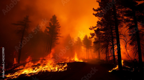 Forest fire burning trees orange red flames - Generative AI © mr_marcom