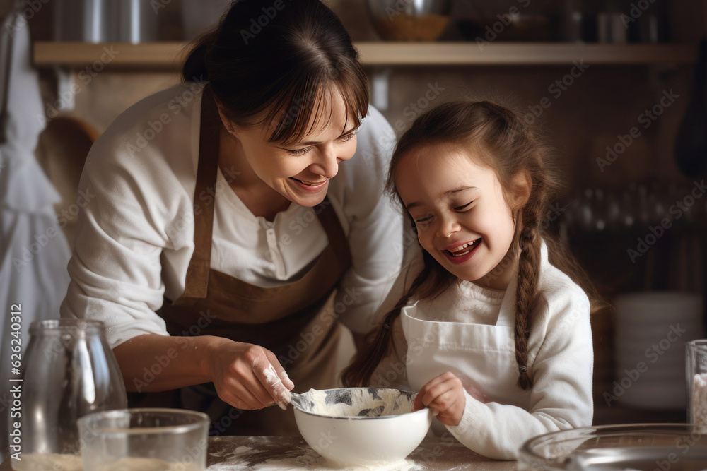 mother and her daughter with Down syndrome enjoy baking together mother and her daughter with Down syndrome enjoy baking together