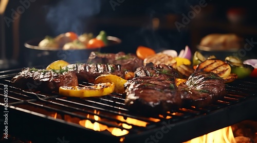 a grill with meat and vegetables