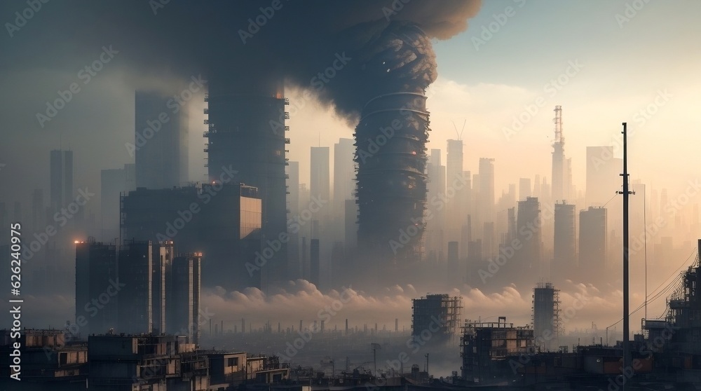 Confronting Environmental Pollution - A Cityscape Enveloped in Smog. Impactful Digital Art