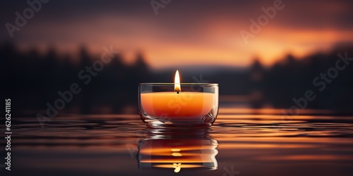 AI Generated. AI Generative. Decorative soy wax candle in bowl plate. Romantic xmas Christmas spa relaxing spiritual meditation background vibe view in the dark 