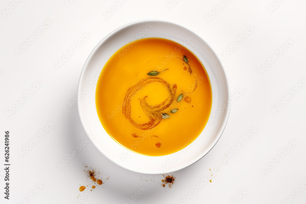 Top view of bowl with pumpkin soup. Generative AI illustration Top view of bowl with pumpkin soup. Generative AI illustration