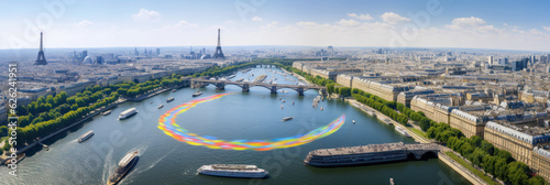 Olympic Splendor: Drone View of the Seine River, Generative AI