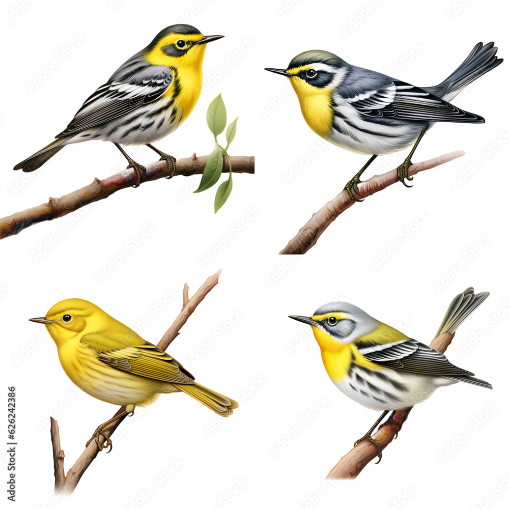 Fototapeta premium set of birds​ Warbler In​ family​ Orthotomus white background generative AI 