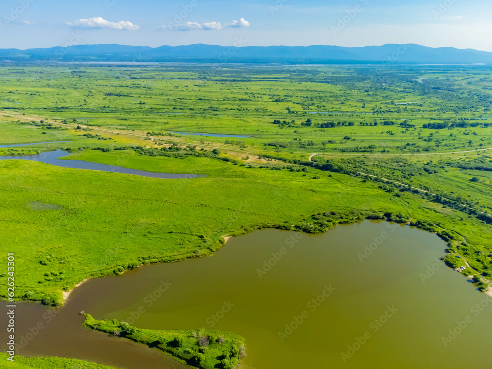 Photos of the river island were taken from a drone. Bolshoy Ussuriysky Island is a large river island on the Amur River and below the mouth of the Ussuri in the Khabarovsk Territory. 