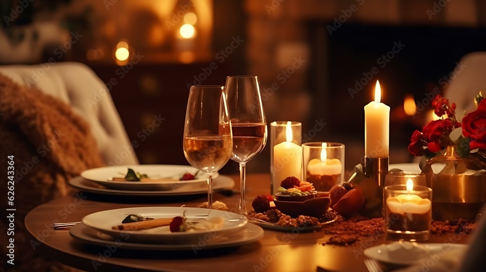 a table with plates and glasses of wine