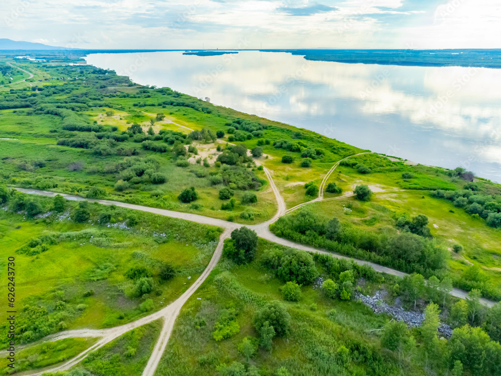 Photos of the river island were taken from a drone. Bolshoy Ussuriysky Island is a large river island on the Amur River and below the mouth of the Ussuri in the Khabarovsk Territory. 