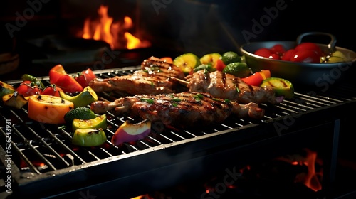 a grill with meat and vegetables