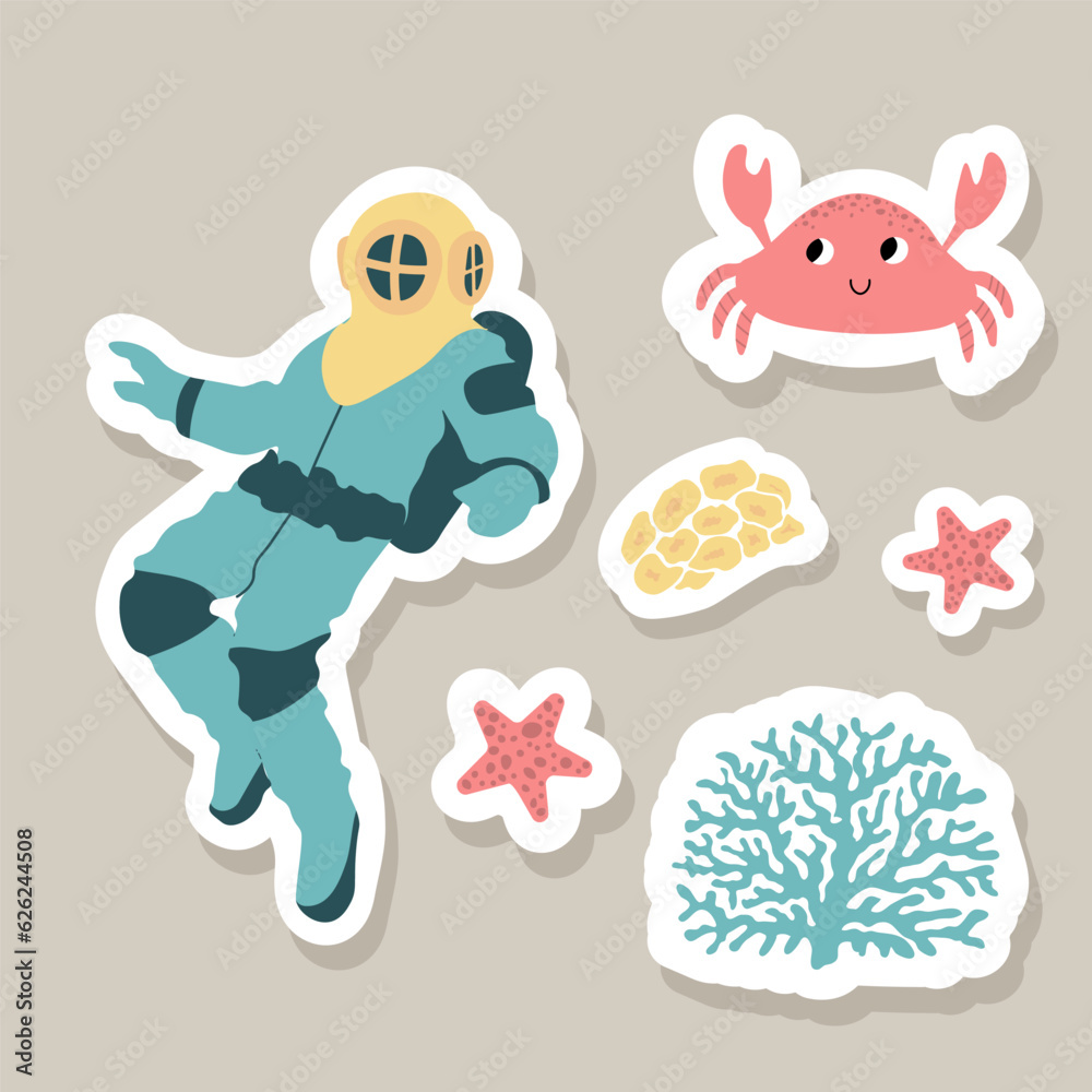 Cute vector stickers set with diver, crab, seaweed, coral, starfish.Underwater cartoon creatures.Marine animals.Cute ocean illustration for fabric, childrens clothing,book, postcard,wrapping paper