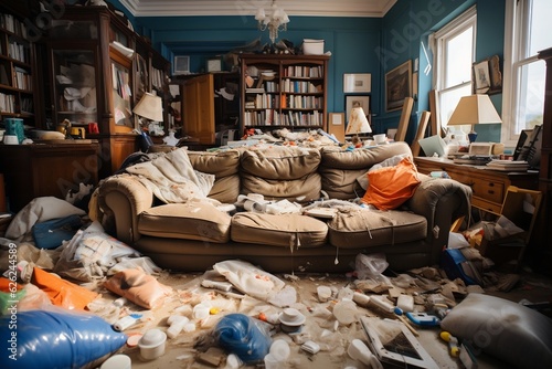 Tela Chaos in the Living Room: A Messy and Dirty Sofa. AI