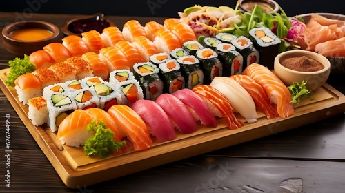 a wooden platter of sushi