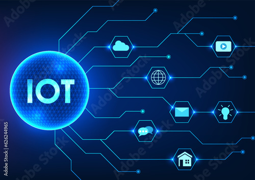 Internet of Things technology with letters IoT in a technology circle with a circuit board connected to the icon. Refers to an integrated network of interconnected devices and communication technology
