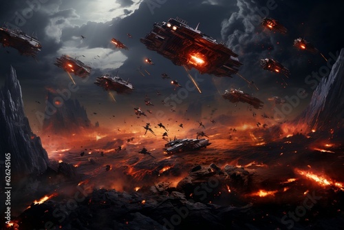 Billede på lærred Spaceships Engage in Intense Combat. AI