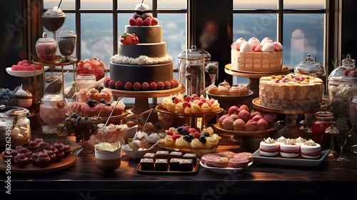a table with cakes and desserts on it