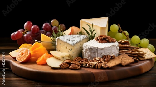 a wooden platter with fruits and cheese on it
