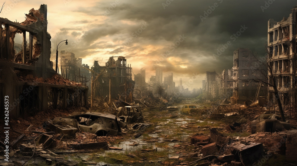 Panoramic view to the  destroyed city after the war. Dramatic scene of the Bombed out, burning and fuming city. Human suffering and war.  Ruined, deserted city after war with dark clouds. AI generated