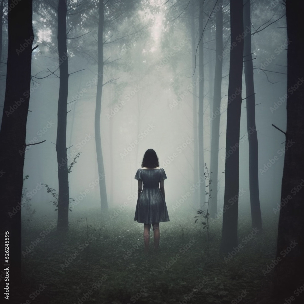 Rear view to the Young woman standing in the dark forest with foggy ...