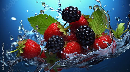 Fresh berries in water splash. Falling strawberries and blackberries in water splashes on blue background. Fresh fruits with water splash on dark blue background. Healthy food concept.  AI generated.