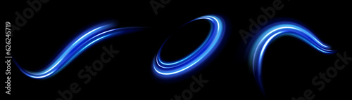 Blue shiny sparks of spiral wave. Curved bright speed line swirls. Shiny wavy path. Rotating dynamic neon circle. Magic golden swirl with highlights. Glowing swirl bokeh effect. vector