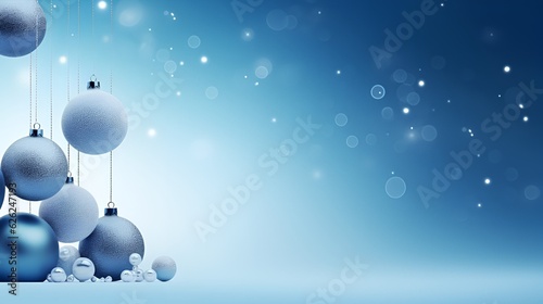 Christmas and New Year holiday background. Blue Glass Balls hanging on ribbon on Navy blue background with copy space for text. The concept of Christmas and New Year holidays