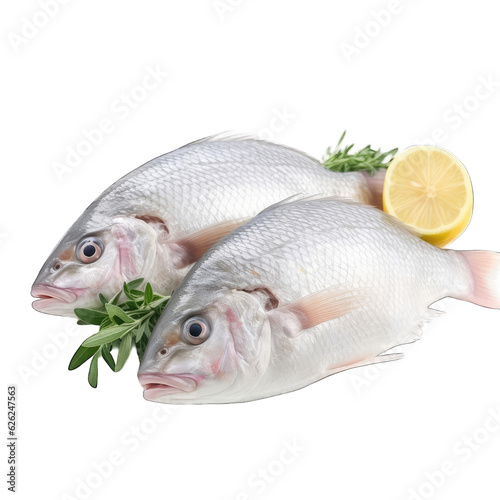 Two fish with a slice of lemon on a white background