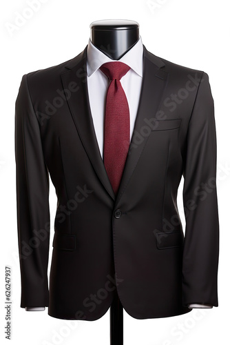 A stylish mannequin wearing a black suit with a striking red tie
