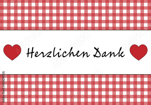 Herzlichen Dank - Schriftzug in deutscher Sprache. Dankeskarte mit Herzen und rot.weiß kariertem Rand.