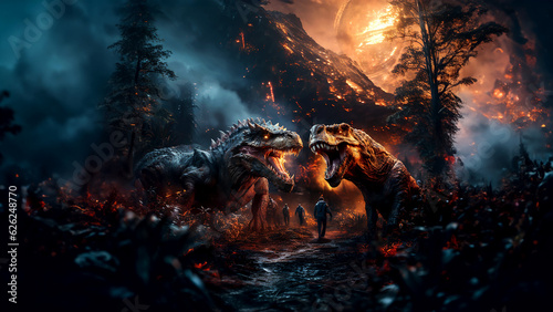 Fantastic dinosaurs in a burning forest © aviavlad