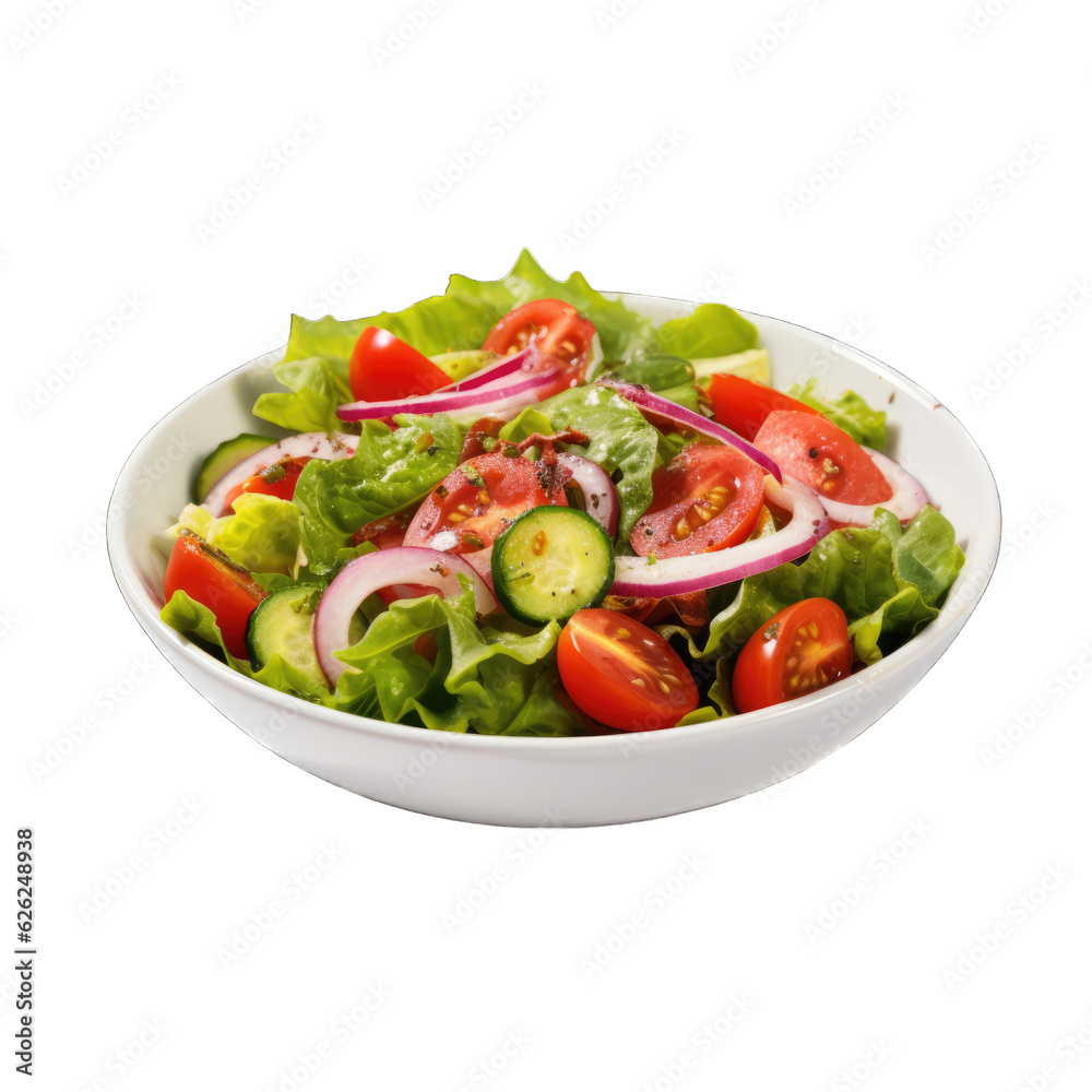 A delicious and healthy salad in a white bowl on a table