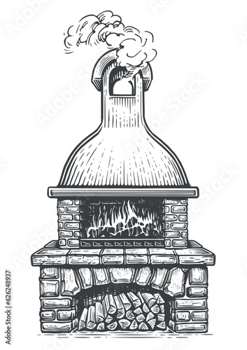 Stone garden oven for grilling or barbecue in the backyard. Cooking grill food concept. Sketch vector illustration