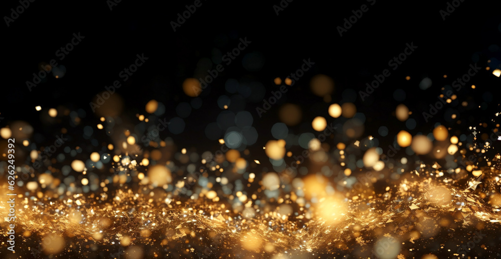 Fototapeta premium Dark background with sparkling gold holiday garland, magic dust. Gold Abstract Glitter Blinking sparks. Generative Ai content.