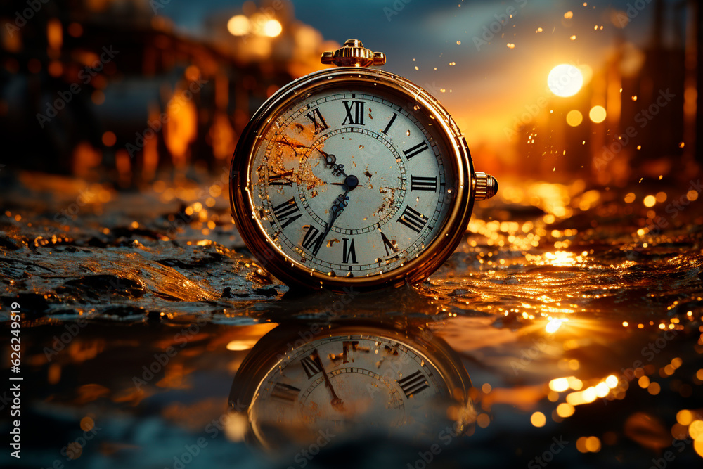 old clock with a beautiful sunset background