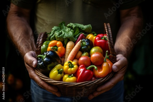 Farmer Holding Basket of Vegetables. Generative AI © Usmanify