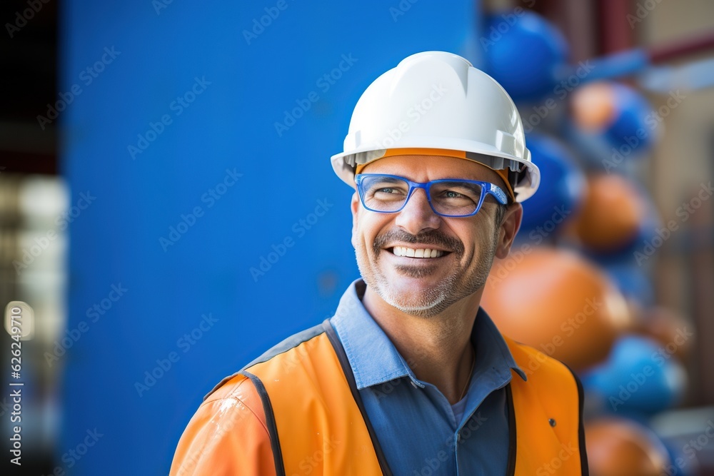 Smiling worker or engineer or builder or architect, standing with uniform and helmet -Generative Ai Smiling worker or engineer or builder or architect, standing with uniform and helmet -Generative Ai