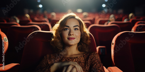 Caucasian red-haired woman sits on the front row in a cinema in an empty hall. The girl is watching a movie alone.