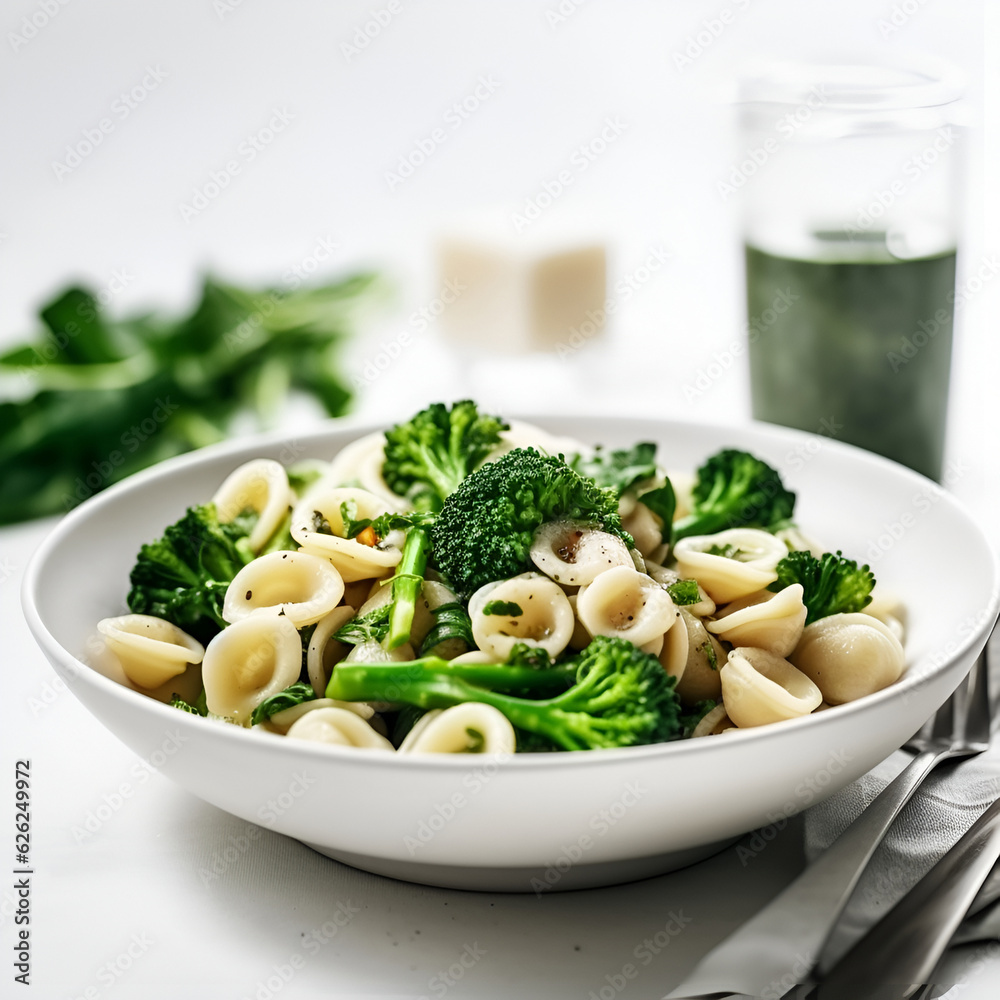 Orecchiette pasta with Broccoli Rabe on the plate on the table Orecchiette pasta with Broccoli Rabe on the plate on the table