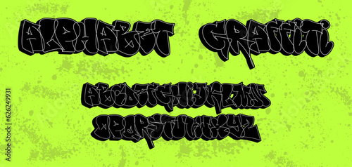 Street alphabet in graffiti style. Font from 3D letters, street calligraphy alphabet, tags. Graffiti bubble font, 3D capital letters. Vector artistic graphic box for typography. Vector collection