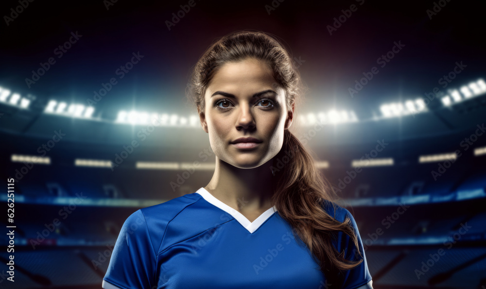 Portrait of a female football player in a soccer stadium with floodlights Portrait of a female football player in a soccer stadium with floodlights