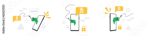 phising illustration from message to smartphone stealing money